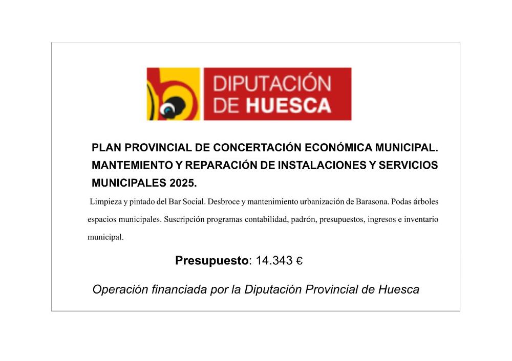 Imagen PLAN PROVINCIAL DE CONCERTACIÓN ECONÓMICA MUNICIPAL. MANTEMIENTO Y REPARACIÓN DE INSTALACIONES Y SERVICIOS MUNICIPALES 2025.