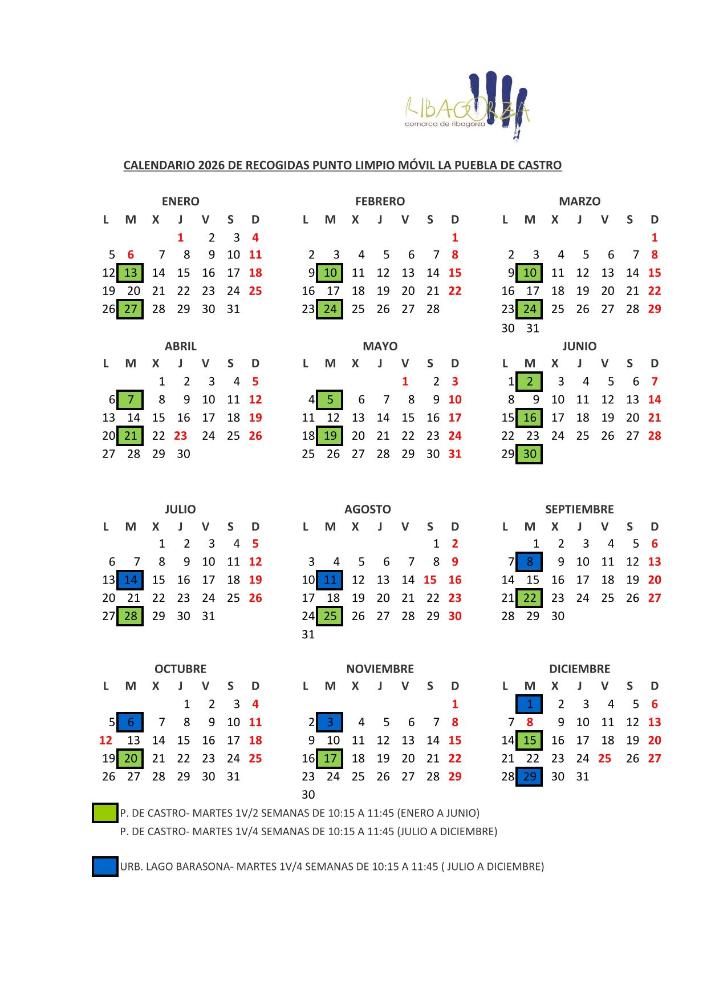 Imagen Calendario 2026 de recogidas Punto limpio móvil La Puebla de Castro y Urbanización Lago de Barasona